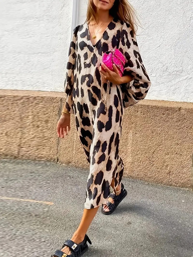 loose leopard v neck maxi dress Leopard Print Notch V Neck Loose Fit Maxi Dress