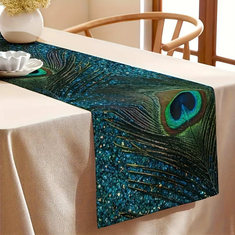 

Peacock Feather Design Table Runner Polyester Rectangle Woven - Elegant Decor For Indoor Outdoor Home Parties, Kitchen & Dining Table Decoration, Pack Of 1