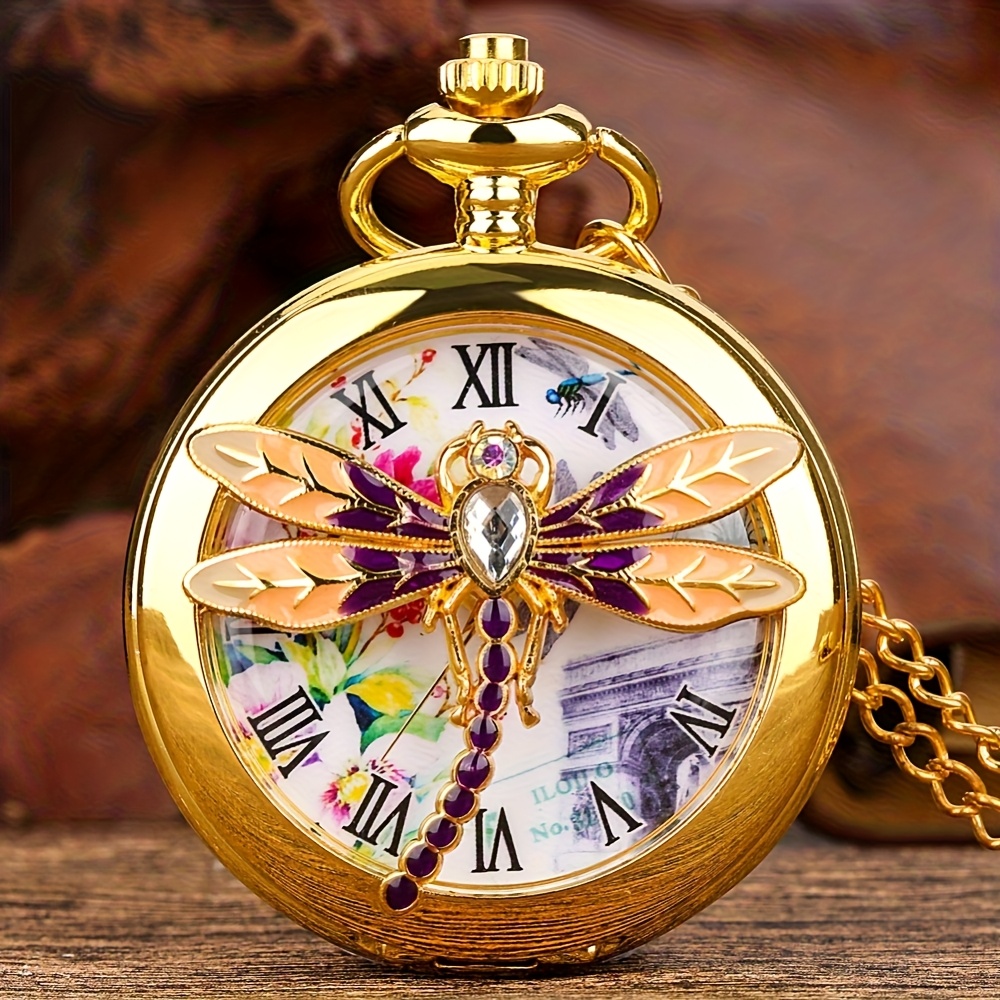 TEMU Crystal Dragonfly Quartz Pocket Watch Necklace Women's Pendant Chain Elegant Dress Match Fob Clock