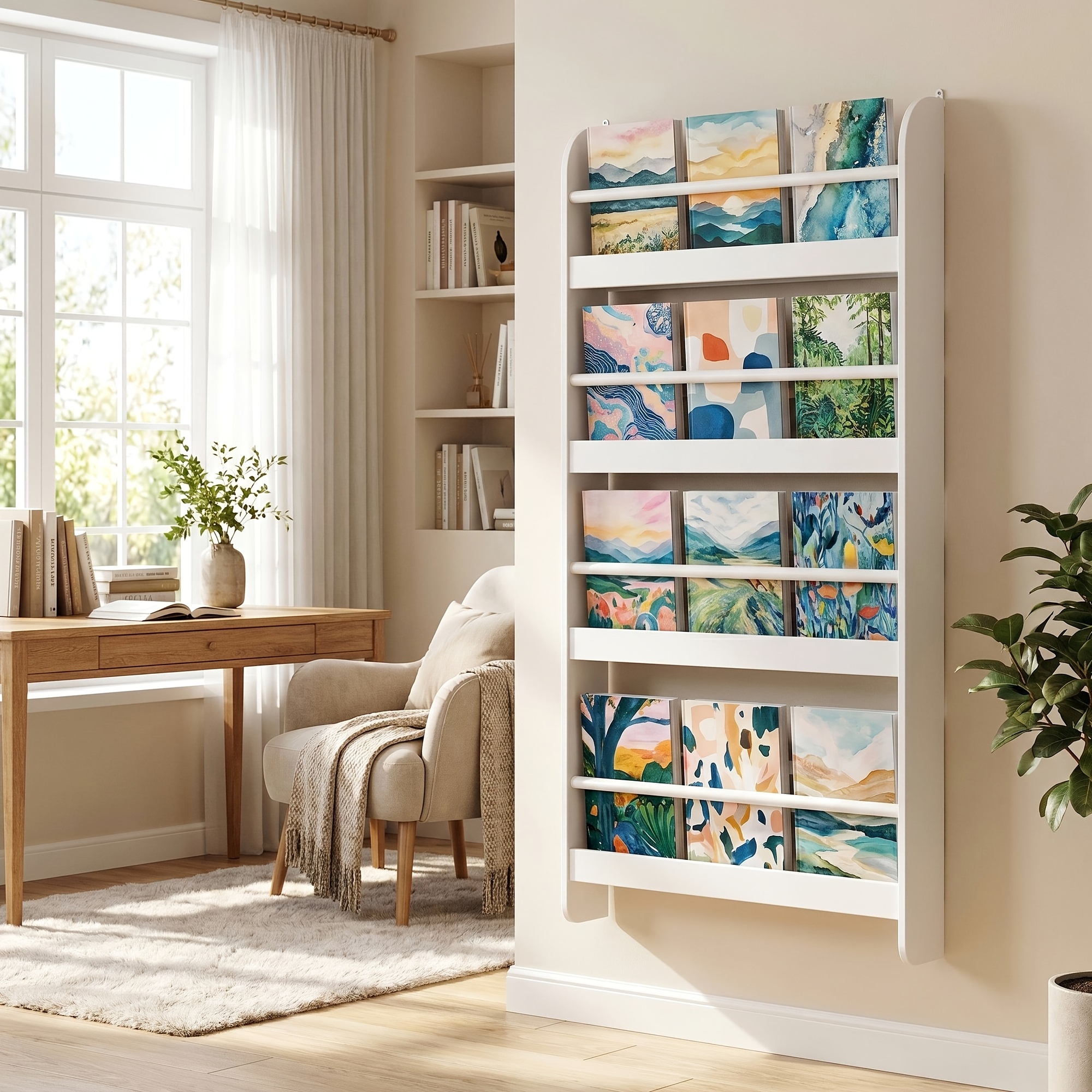 Image of Kealive Bookcase Wall Mounted Bookshelf 4 Tier Book Organizer Display Storage Rack, Storage Units For Study, Living Room, Bedroom