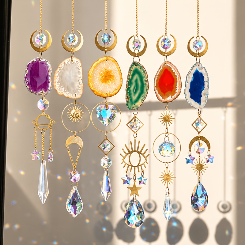 Image of 6pcs Crystal Suncatcher Sun Catchers Indoor Window Hanging Sun Catchers With Crystals Light Catcher With Prisms And Agate Slices For Indoor Outdoor Home Garden Wedding Decor