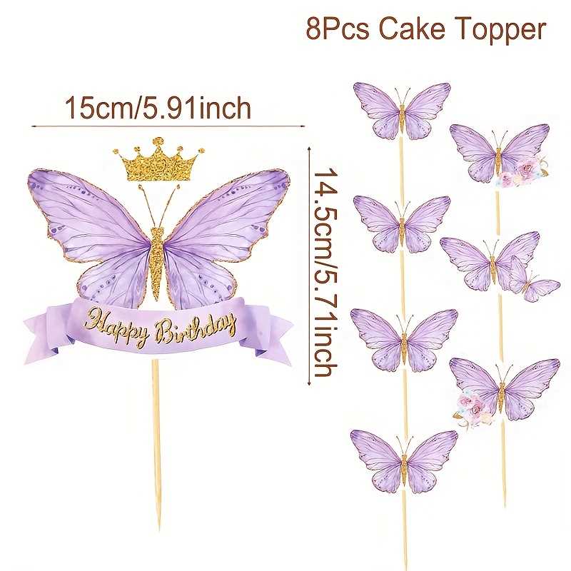 Image of 8pcs/set Purple Happy Birthday Cake Toppers, Cupcake Toppers Picks, Party Supplies For Birthday Wedding Engagement Party Cake Decorations