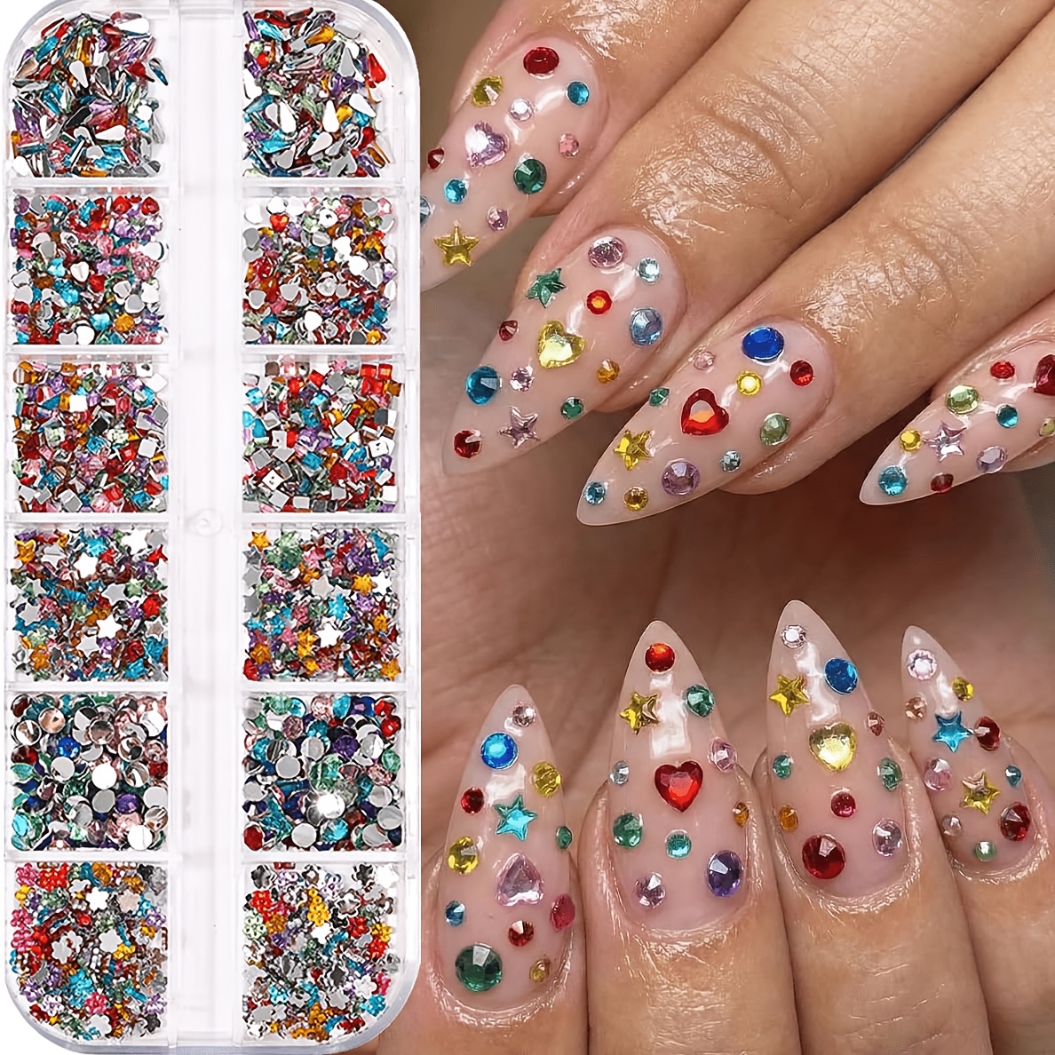 TEMU 12grids Colorful Rhinestones Nail Charms Multi-shape Art Charms 3d Flatback Mini Nail Rhinestones Shiny Love Heart Nail Gems Cute Nail Jewelry