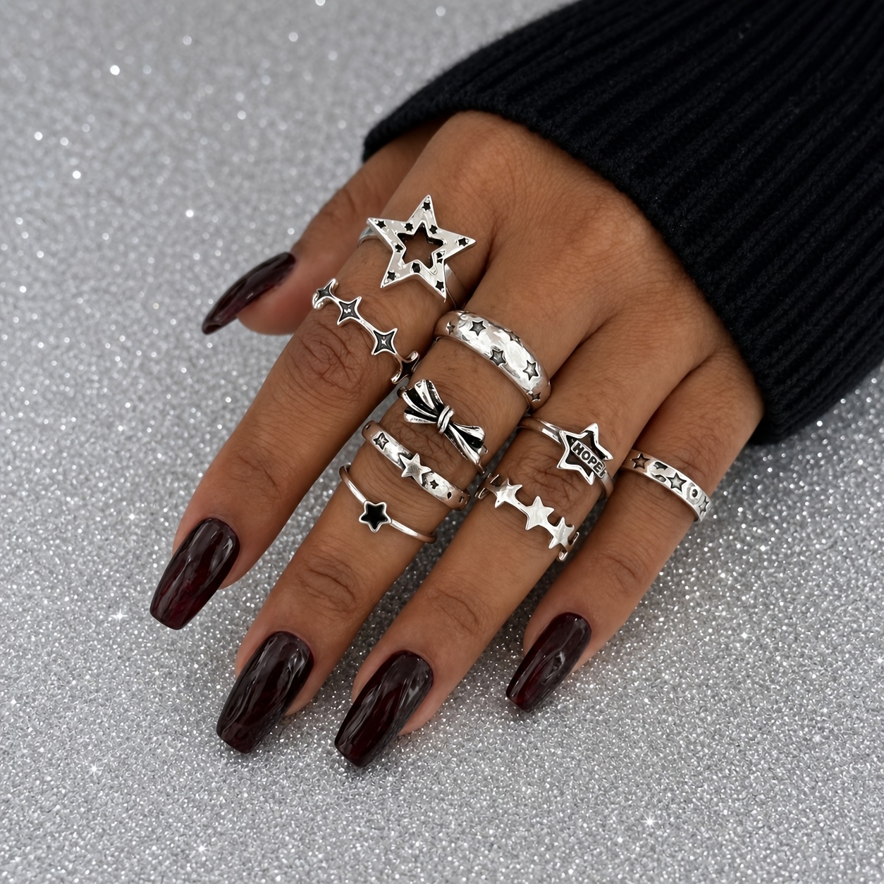 TEMU Conjunto de 9 anillos para mujer, plateada retro, de de estrella hueca, estilo Y2K y moderno, anillos apilables de diseño , casual para combinar