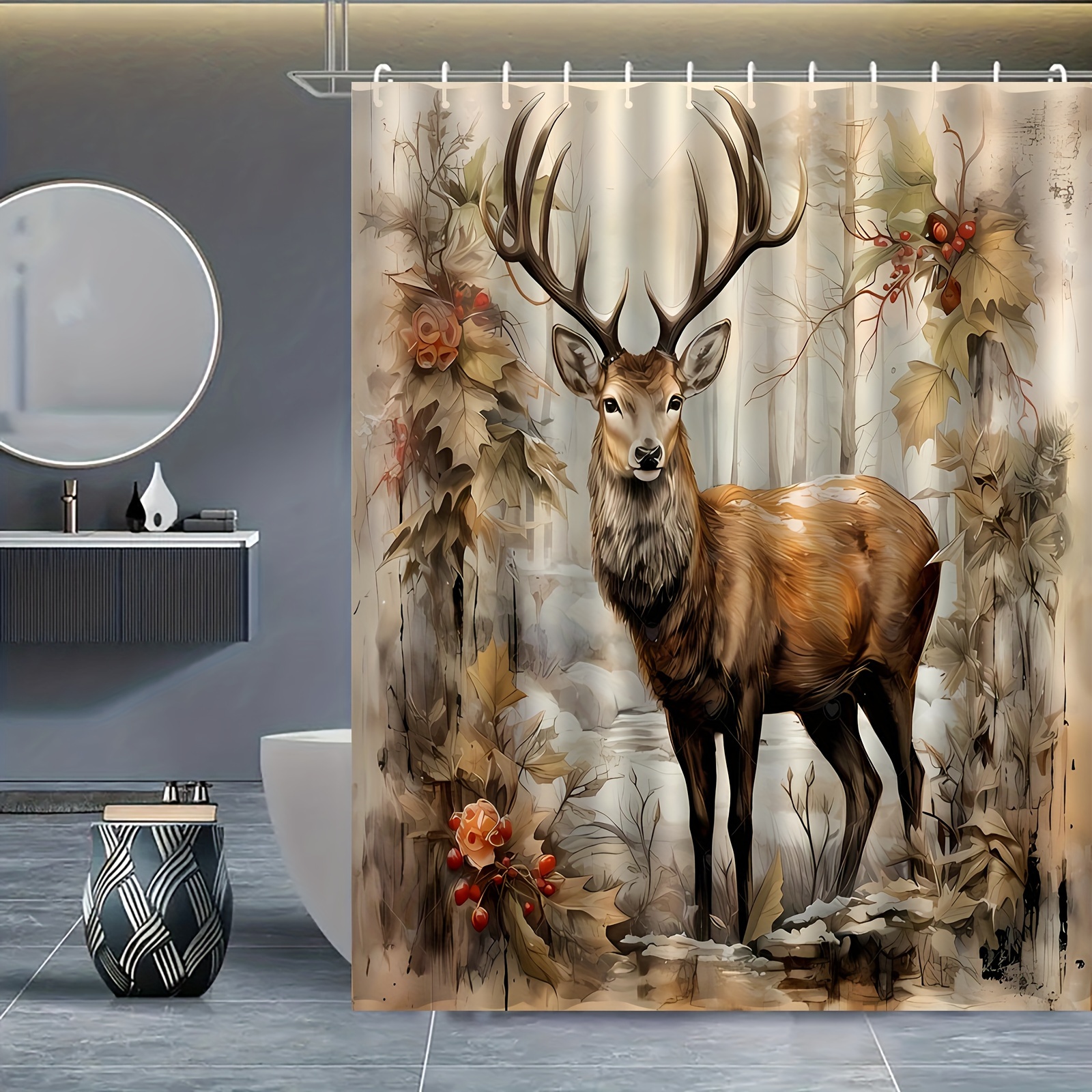 TEMU Jit1pcs Deer Print Shower Curtain, Suitable For Home Bathroom Decoration,, With 12 Hooks Bath Curtain, Bathroom Partition, Room Decoration,