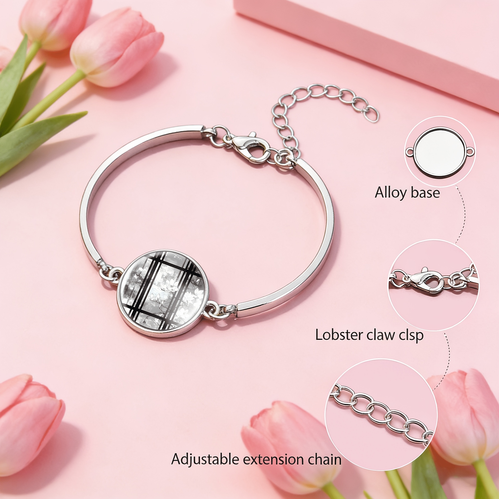 Adjustable Bangle with Round Time Gemstone Inlay, Floral Design