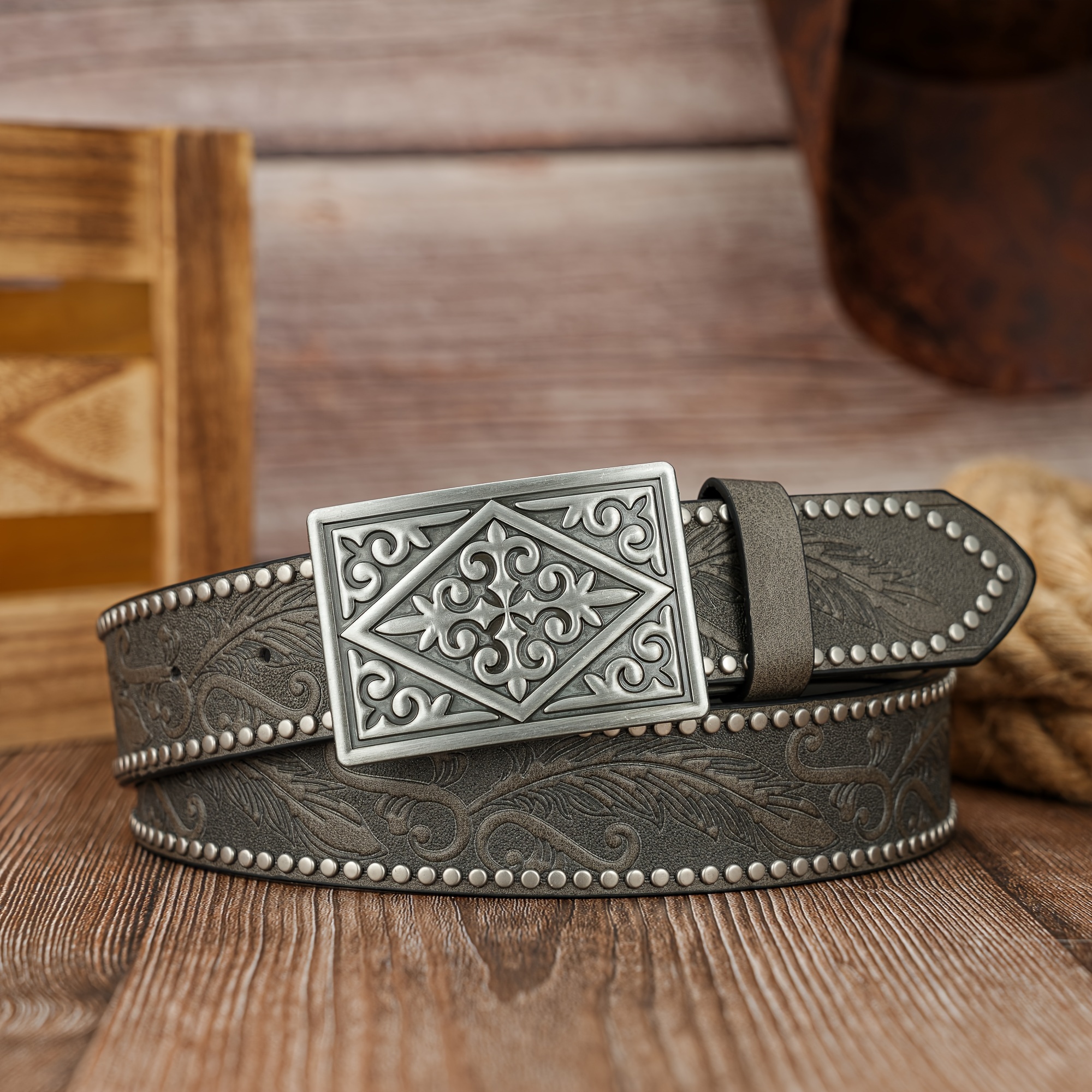 Men's Belt with Unique Square Cross & Eagle Feather Buckle