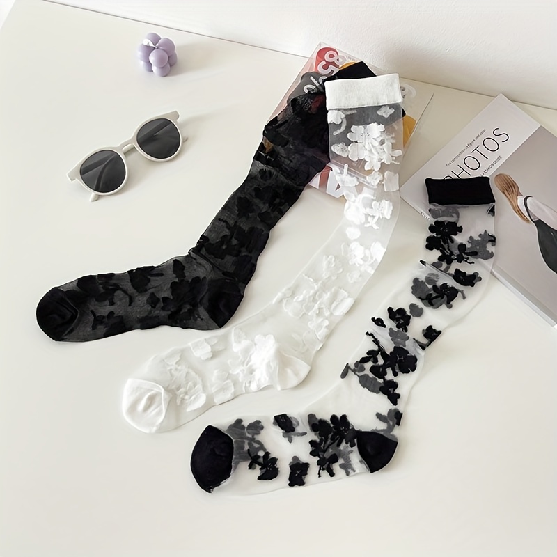 

3 Pairs Floral Pattern Calf Socks, Vintage Style Sheer Glass Silk Knee High Socks, Women's Stockings & Hosiery