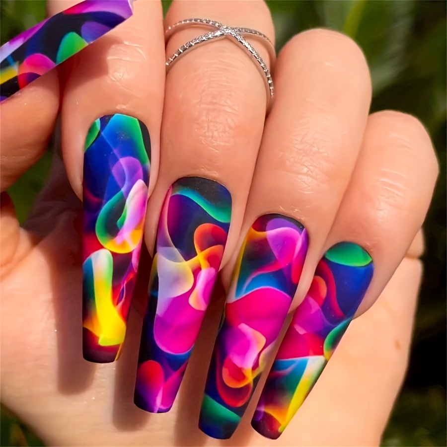 

24pcs Long Ballerina Press On Nails With Colorful Water Design, Fake Nails,full Cover False Nails For Women And Girls Including 1 Jelly Glue And 1 Nail File