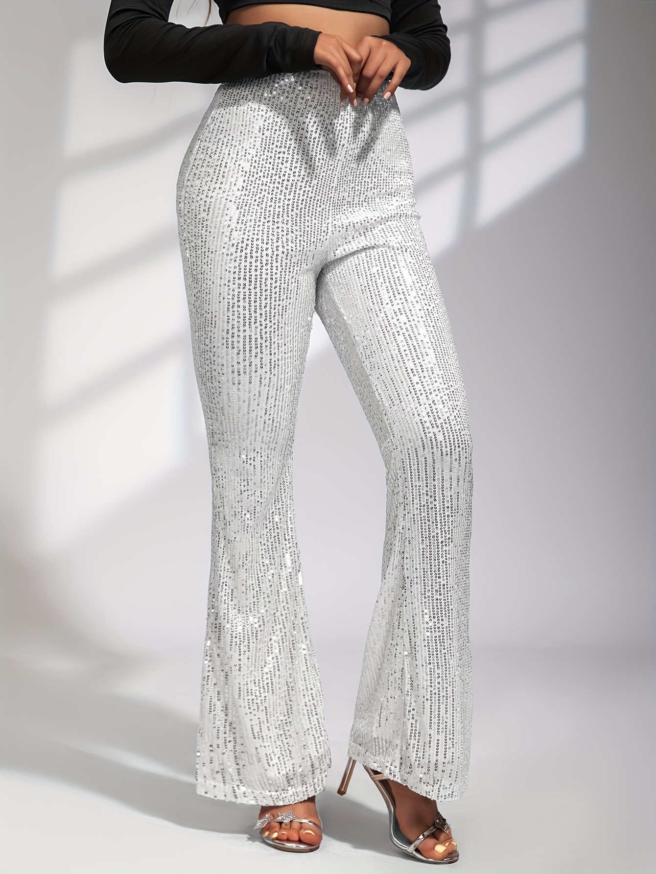 Glitter Sequin Flare Leggings Casual High Waist Fashion - Temu