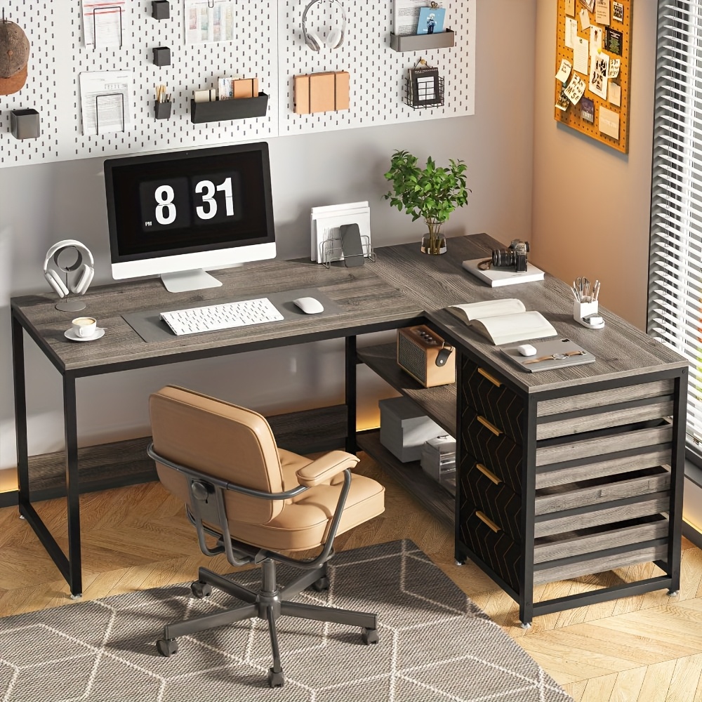 L Shaped Computer Desk With Storage Drawers, 59 Inch With Shelves, Reversible L-shaped Office Desk Writing Table Workstation For Home Office, Grey