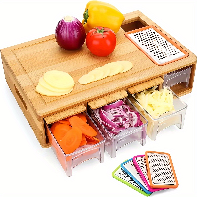 

1pc, Bamboo Cutting Board With Drawer Tray, Bamboo Cutting Board With Sliding Out Tray, Chopping Board, Fruit Cutting Board, Kitchen Utensils, Apartment