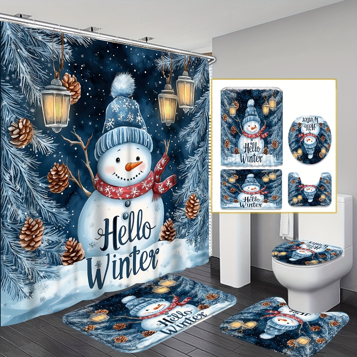 

Jit 1/4pcs Christmas Shower Curtain Set, Snowman Surrounded By Lanterns Tone Decorative Shower Curtain, Contains 12 Bath Mat U-shaped Mat, Suitable For Christmas Decoration