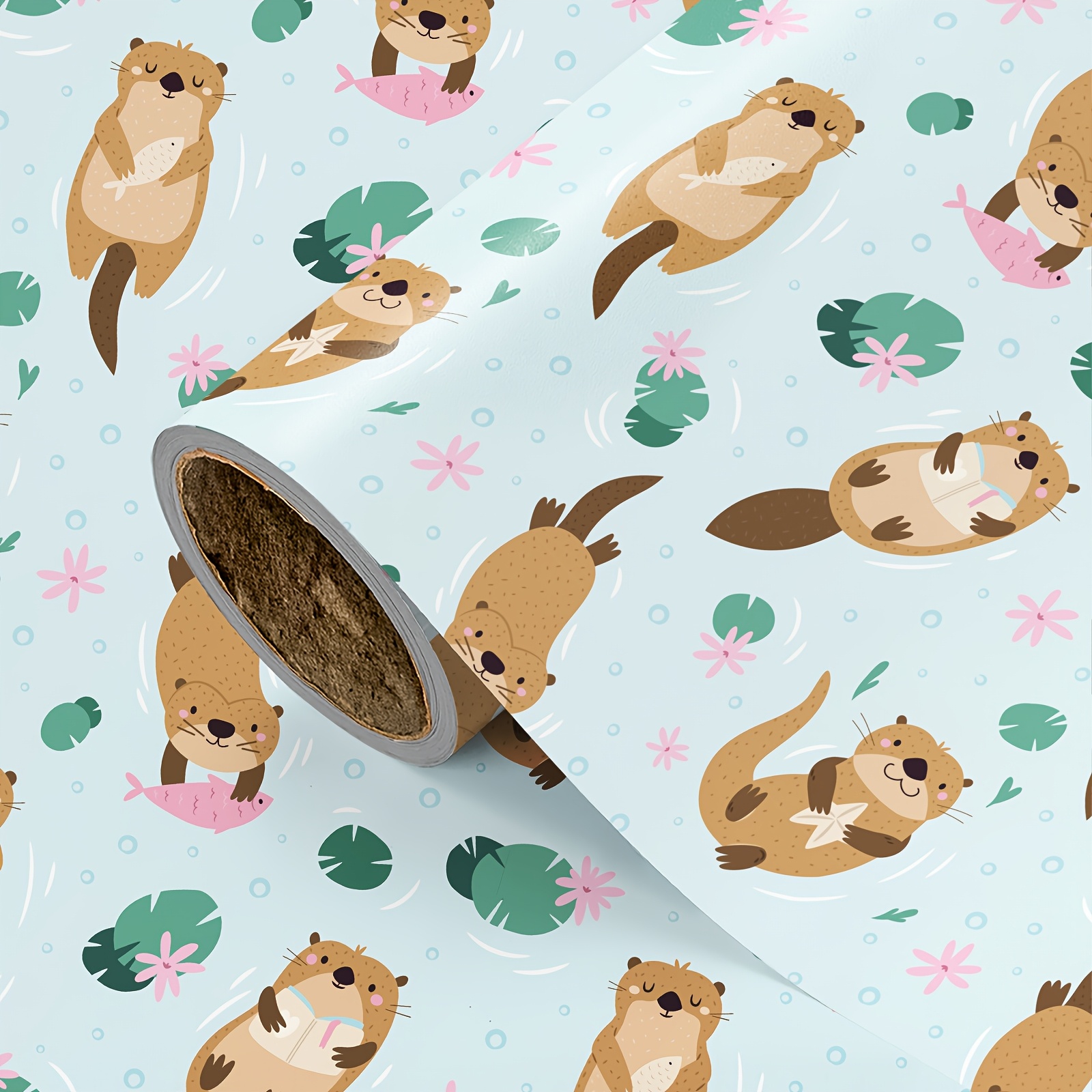 E-shop 1 Rolle niedliches Otter-Motiv-Geschenkpapier | Hellblauer Hintergrund mit beruhigenden Ottermustern, mit Lotusblättern floralen Elementen.