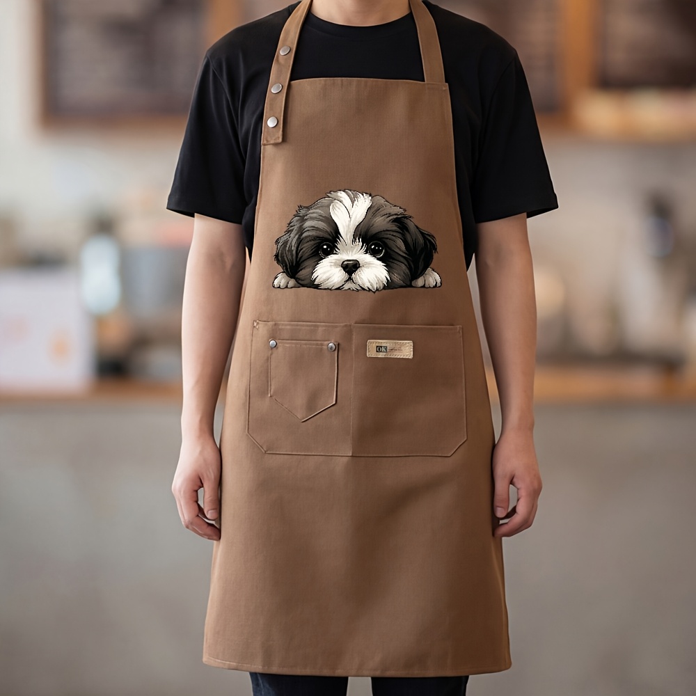TEMU Cute Cartoon Shih Tzu Puppy Apron, Kawaii Brown And White Graphic, Multi-pocket 3-hook Neck Hanging Work Apron For Kitchen Cooking, Baking,