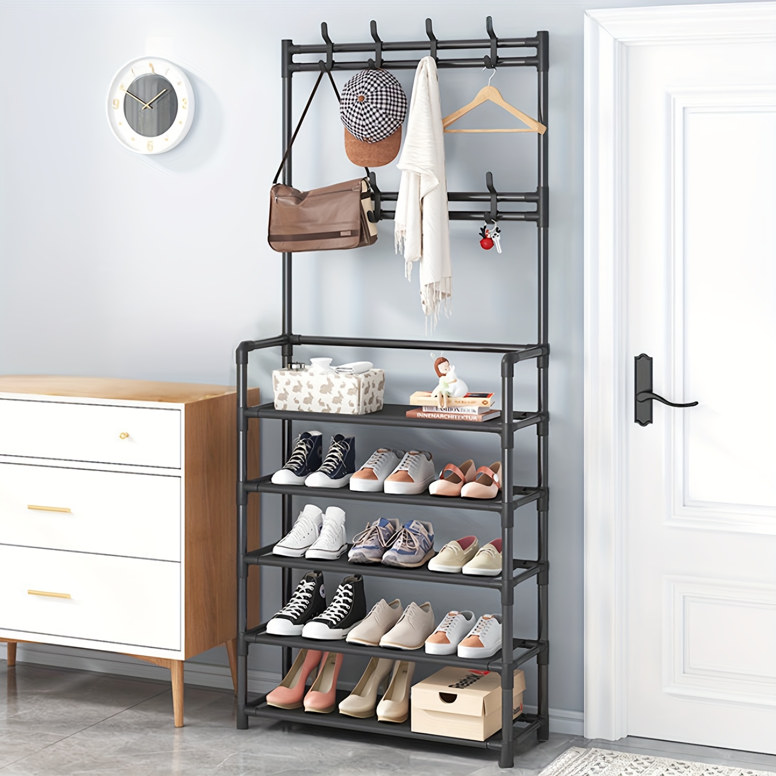 TEMU Coat Rack With Shoe Rack Organizer, 3-in-1 Metal Hall Tree With 5-tier Shelf And 8 Removable Hooks, Freestanding Coat Shoe Rack For Front Door