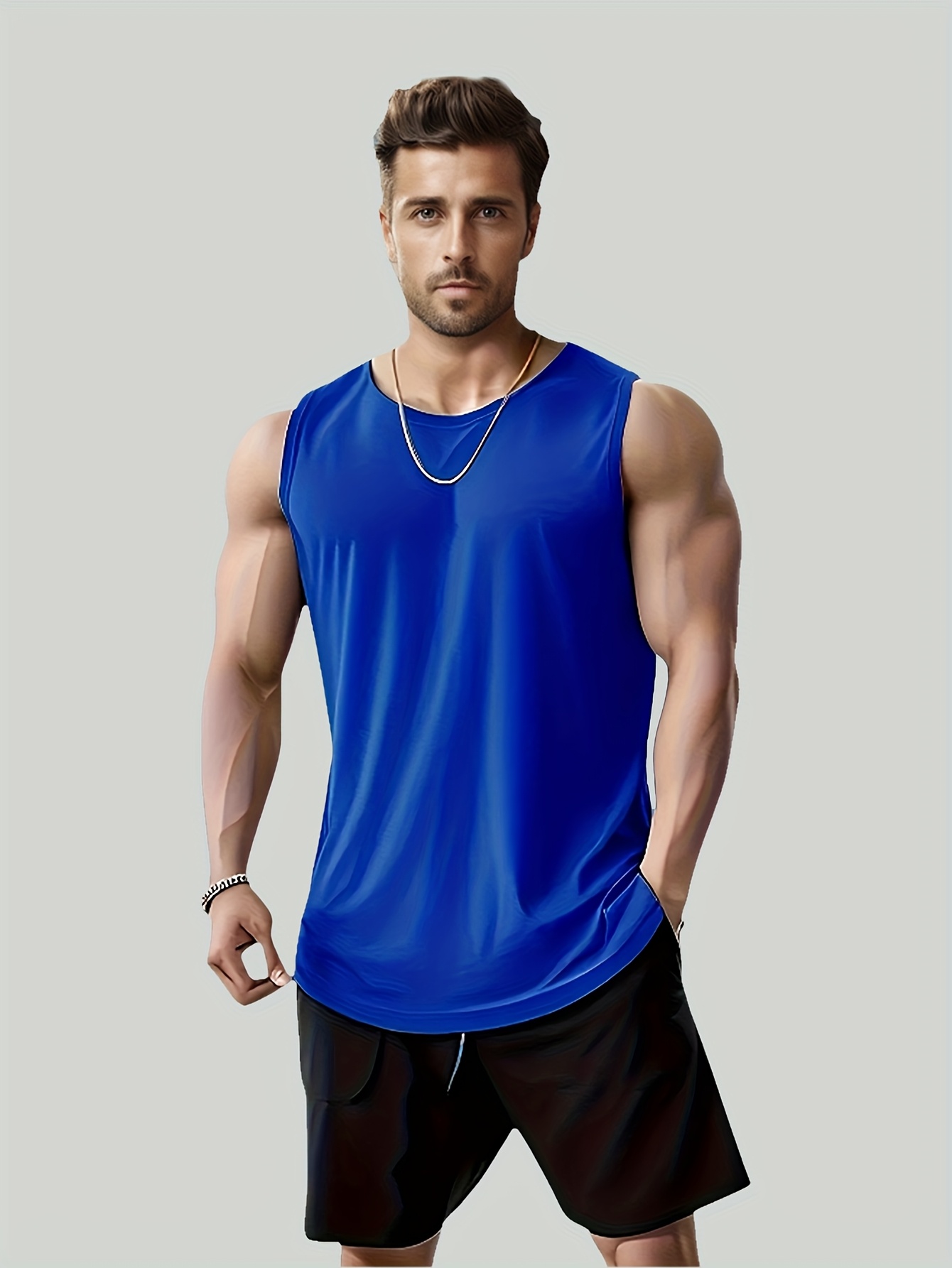 [Lightweight Design] Men's Quick-Dry Sleeveless Gym Shirt - Breathable, Moisture-Wicking Polyester Mesh Tank Top for Running & Fitness, Round Neck, Regular Fit, Sports Vest|Casual Sports Style|Breathable Mesh, Gym Clothes, PLUS SIZE