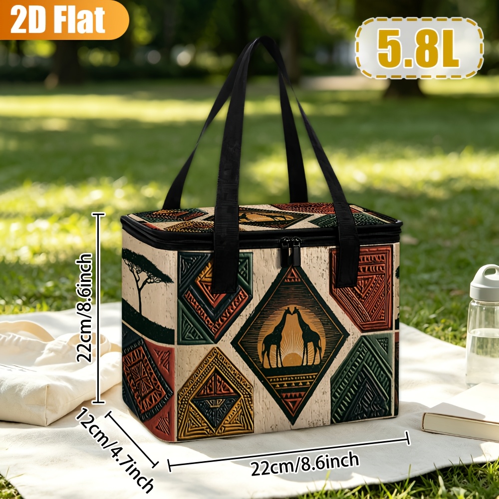 TEMU 2d Flat, 1pc African Wildlife Geometric Pattern Insulated Cooler Bag, Large Capacity Insulated Lunch Bag For Camping, Hiking, Beach Trips, Party