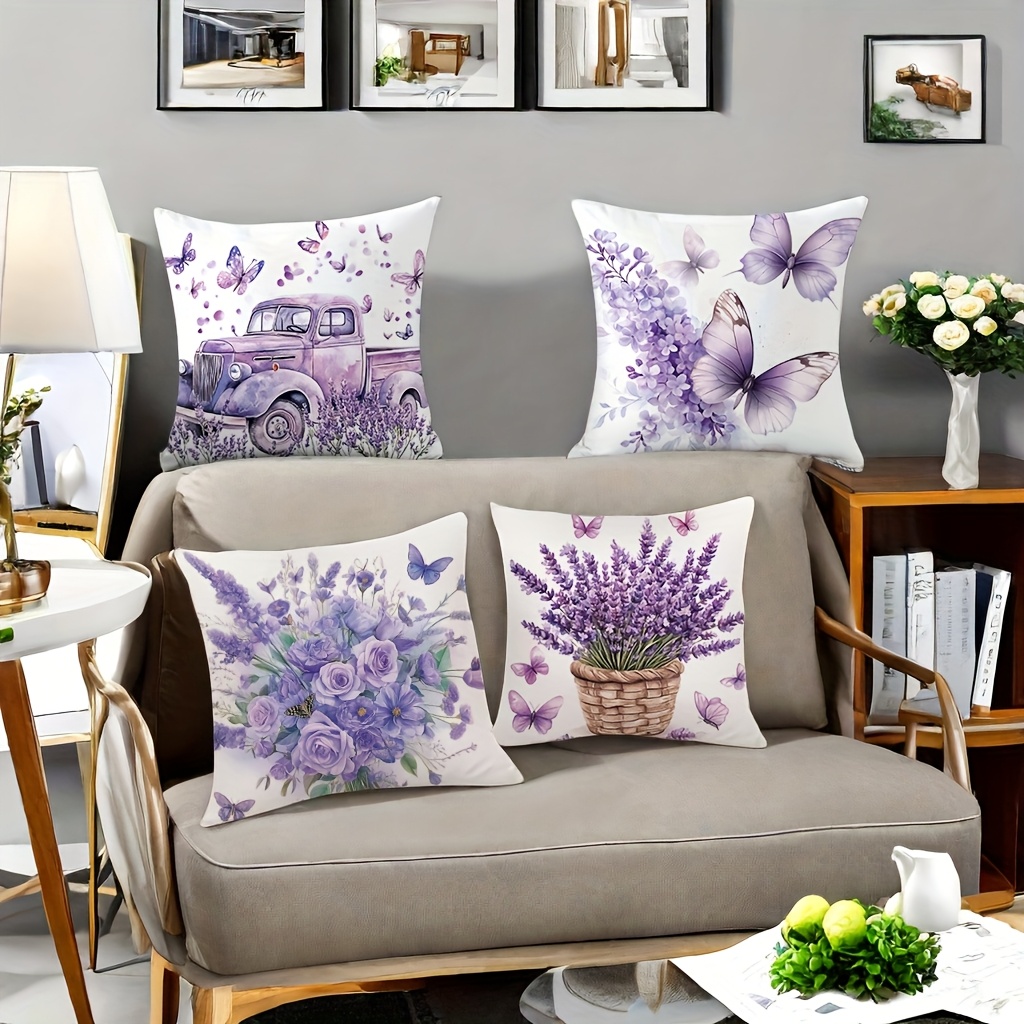 4pcs spring floral vintage car print pillow covers 17 7x17 7 inch soft lavender decorative pillowcases double sided contemporary design with zipper closure machine washable for bedroom living room sofa decor vintage pillow covers bedroom accessories   pattern   fabric Product details 2