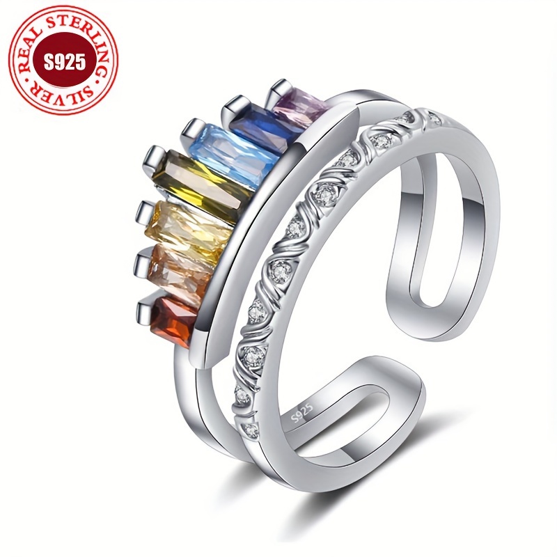 

Bague couronne arc-en-ciel en argent sterling 925 avec zircone pour femmes, style élégant et sexy, anneau ouvert réglable, bijoux de mode cadeaux pour femmes.