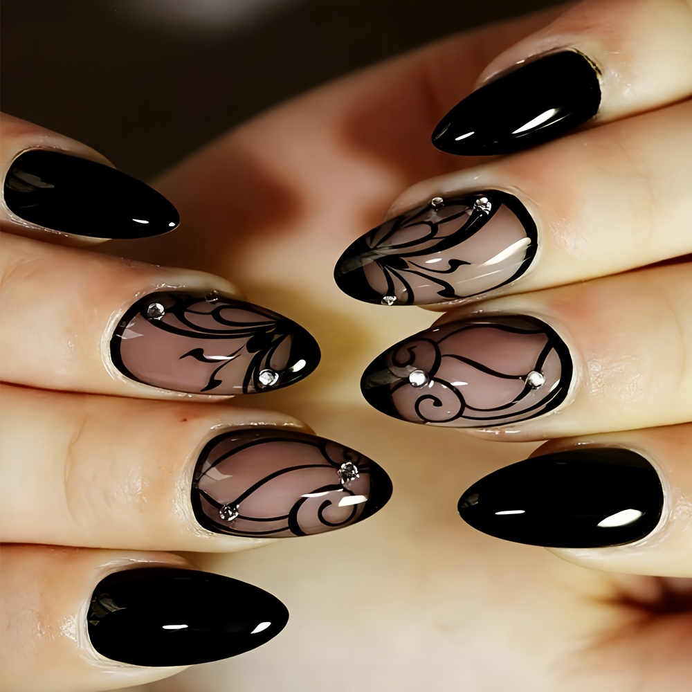 TEMU 24pcs Glossy Medium Almond Press-on Nails, Black Plant Pattern With Rhinestone Glossy Shiny Reusable Artificial Fake Nails For Women And