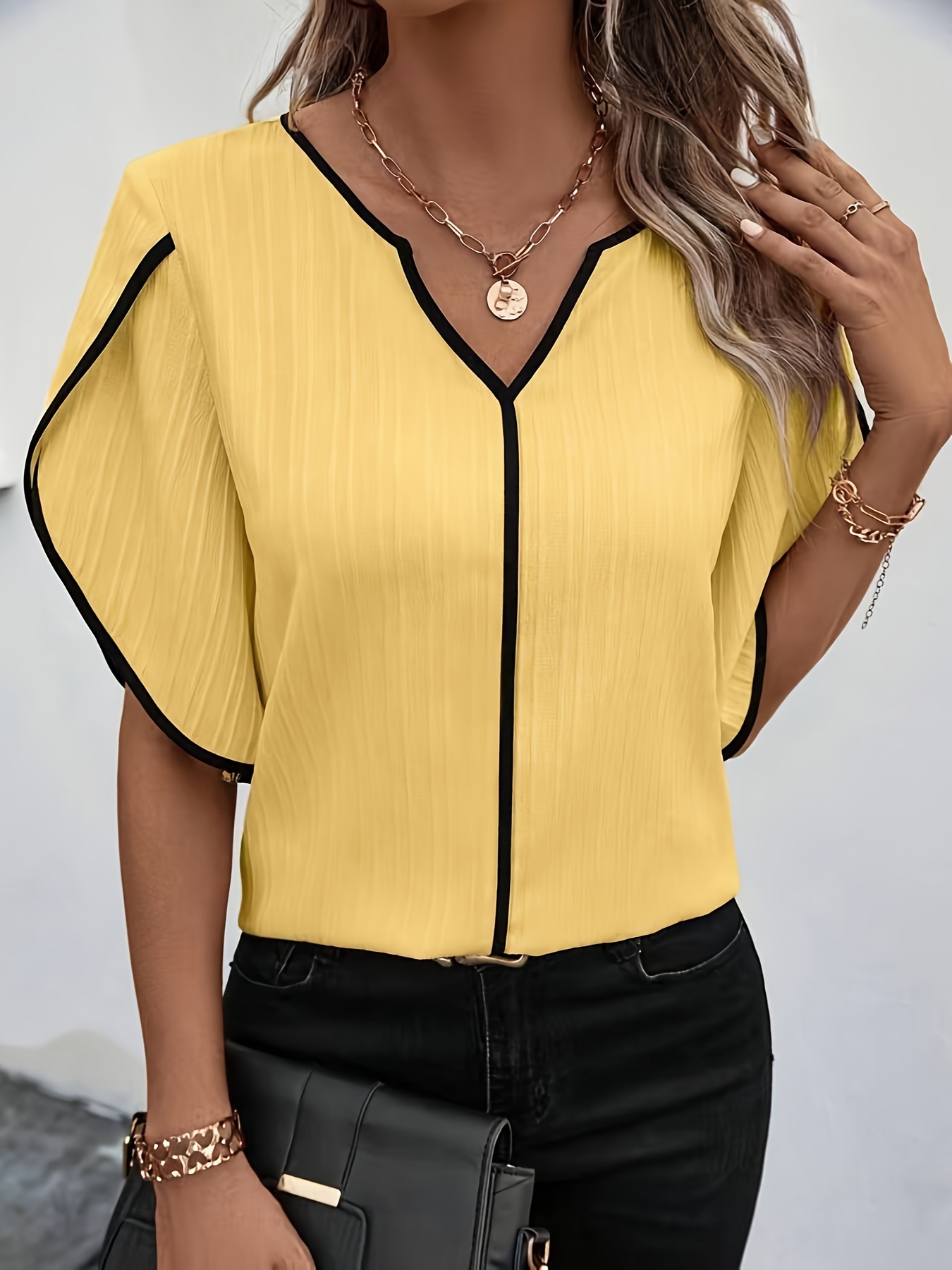 contrast trim v neck blouse elegant petal sleeve top spring contrast trim v neck blouse elegant petal sleeve top spring