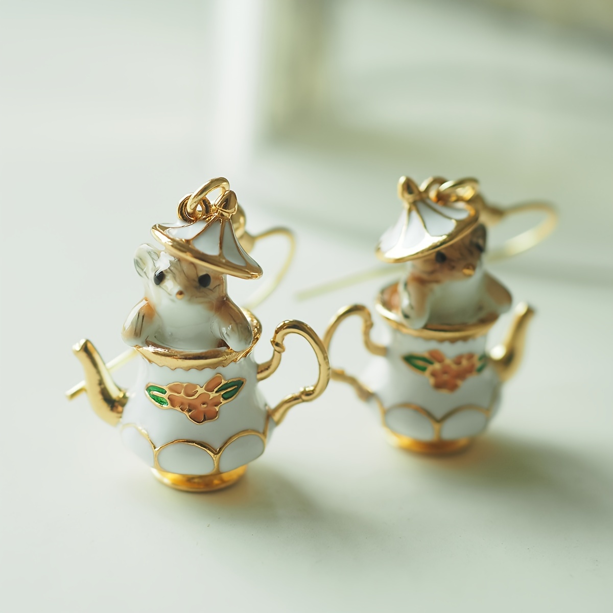 

1 Pair Handmade Enamel Glazed Teapot Squirrel Earrings, Cute Teacup Mouse Design, Unique Colorful Pattern Drops, Fashion Jewelry Accessory