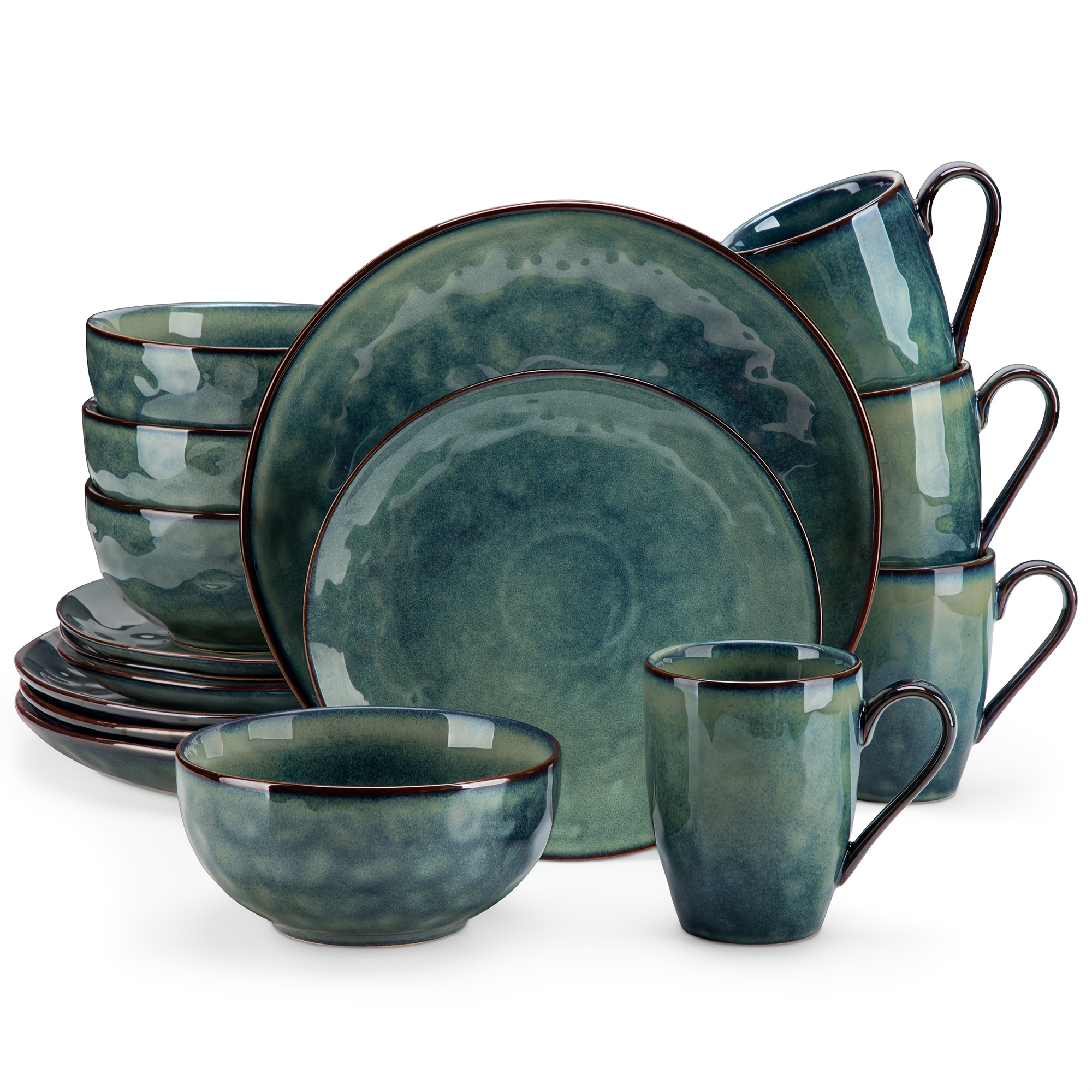 16pcs Dinner Set, Green Kiln Change Glaze Tableware Dinner Service With Dinner Plate, Dessert Plate, Bowl, Mug For