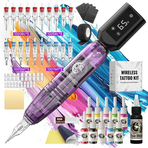 professional cordless tattoo pen kit all in with 8000rpm quiet motor 1200mah battery needles inks practice skin for body art and beginners