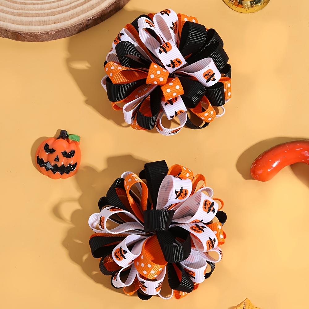 TEMU 2pcs Exquisite Halloween Hydrangea-shaped Hair Bow Clips Chic Pumpkin Print Curly Hair Barrettes For Ladies Delicate Polka Dot Headpieces Cute