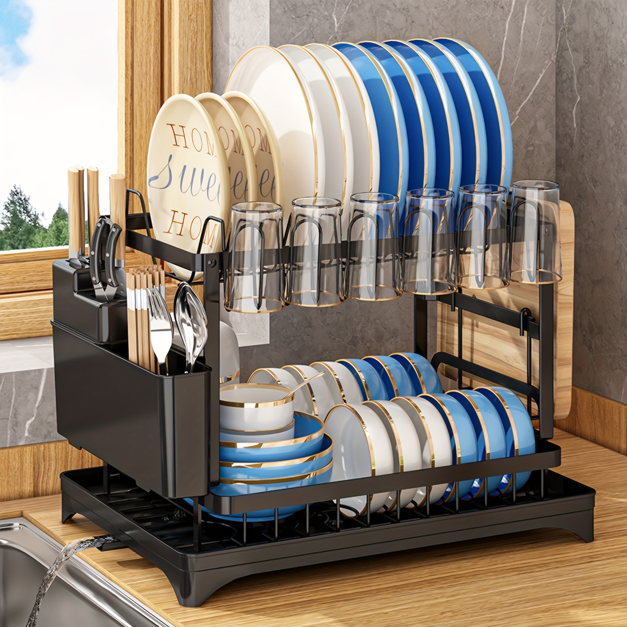 TEMU 2 Tier Dish Drying Rack For Kitchen Counter, Dish Drainers For Kitchen Counter With , Metal Kitchen Dish Rack With Drain, Kitchen Drying Rack 2 Tier, Racks, Spoons And Fork, Carbon Steel