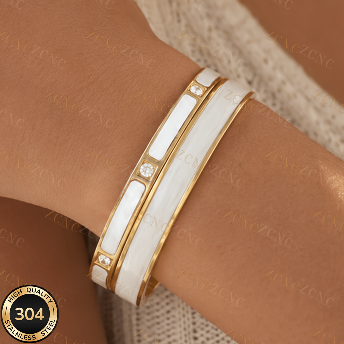TEMU Ensemble de 2 bracelets plaqués or , bracelets empilables en acier inoxydable 304, bijoux de mode , étanches et résistants à la décoloration,