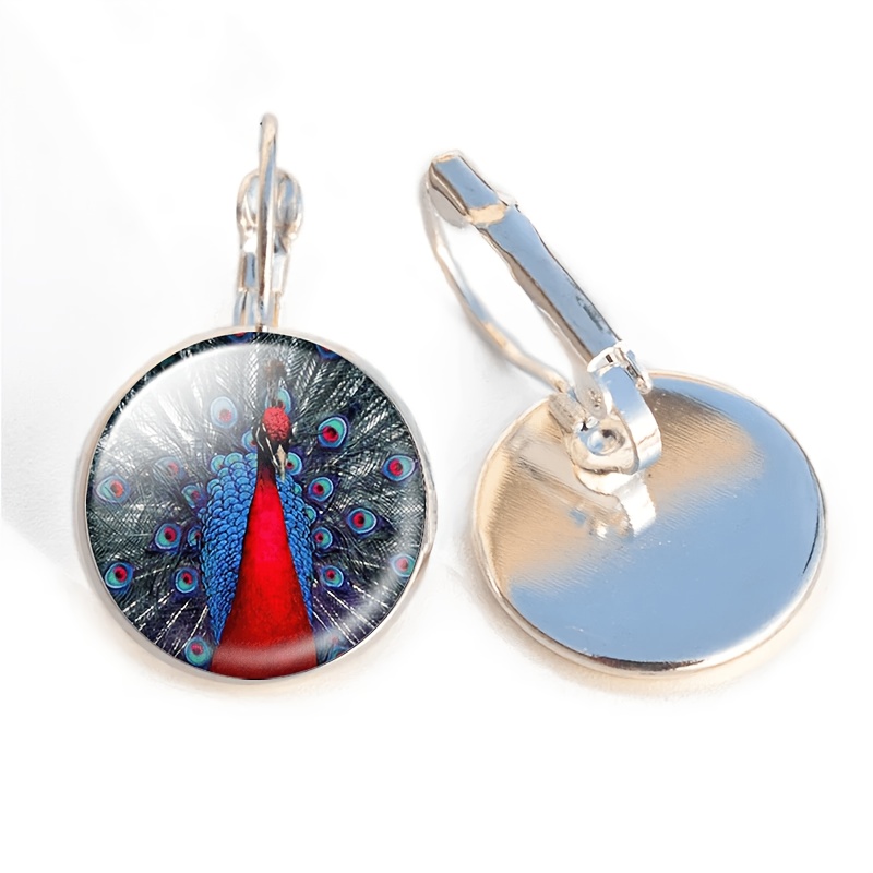 2pc Peacock Feather Round Glass-inlaid Earrings Set
