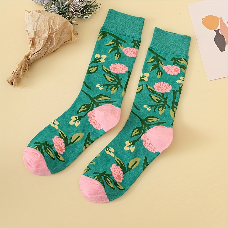 

Floral Print Socks, Elegant & Cute Mid Tube Socks For Fall & Winter, Women's Stockings & Hosiery