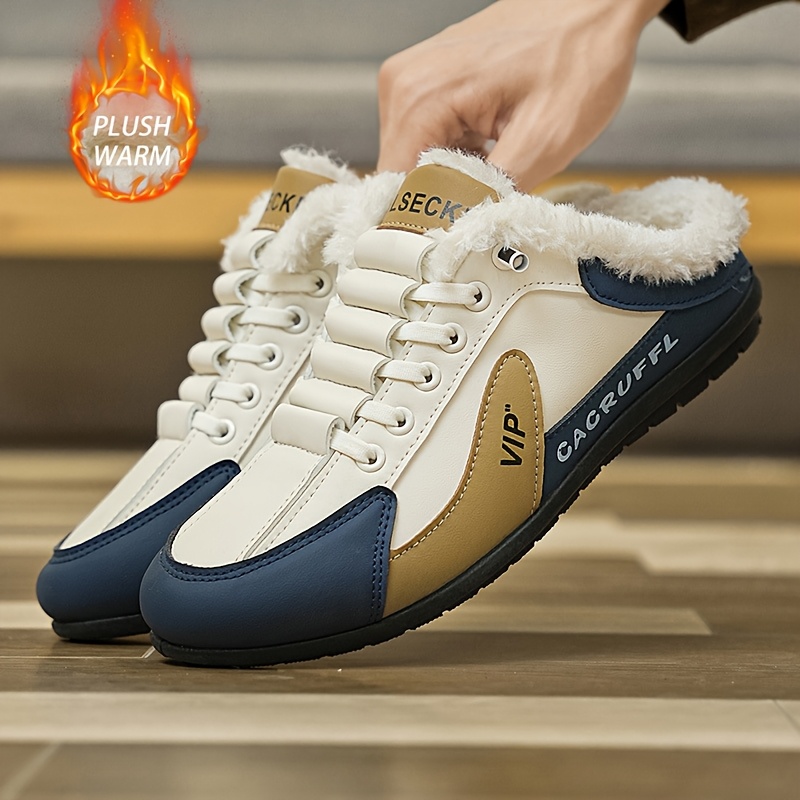 A pair of shoes with elastic band and velvet cover, warm and comfortable lining, suitable for outdoor street walking in winter, outdoor walking, indoor leisure and home use, Indoor Slippers, Round Toe Shoes, Slipon Design, Cozy Footwear, PVC Sole