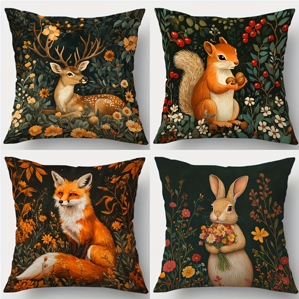 TEMU Set Of 4 Printed Covers Featuring An Animal Theme With A Vintage . The Designs Deer, Squirrels, Foxes, Rabbits, Flowers, Plants, And Berries.