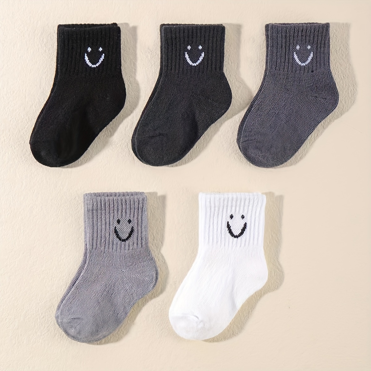 

5 Pairs Of Kid's Fashion Cute Happy Expression Pattern Crew Socks, Comfy & Breathable Soft & Elastic Thin Socks For Spring And Summer