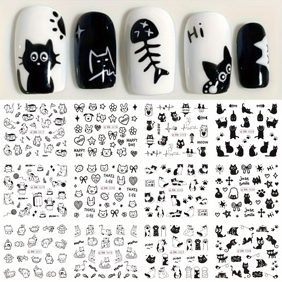 

Full Beauty Nail Art Stickers - Pre- Plastic Decals With Glitter, , Animal Themed, Single Use, -free, Rectangle Shape For Plastic - Cute Cat, Heart, Star, Flower, Bow Designs