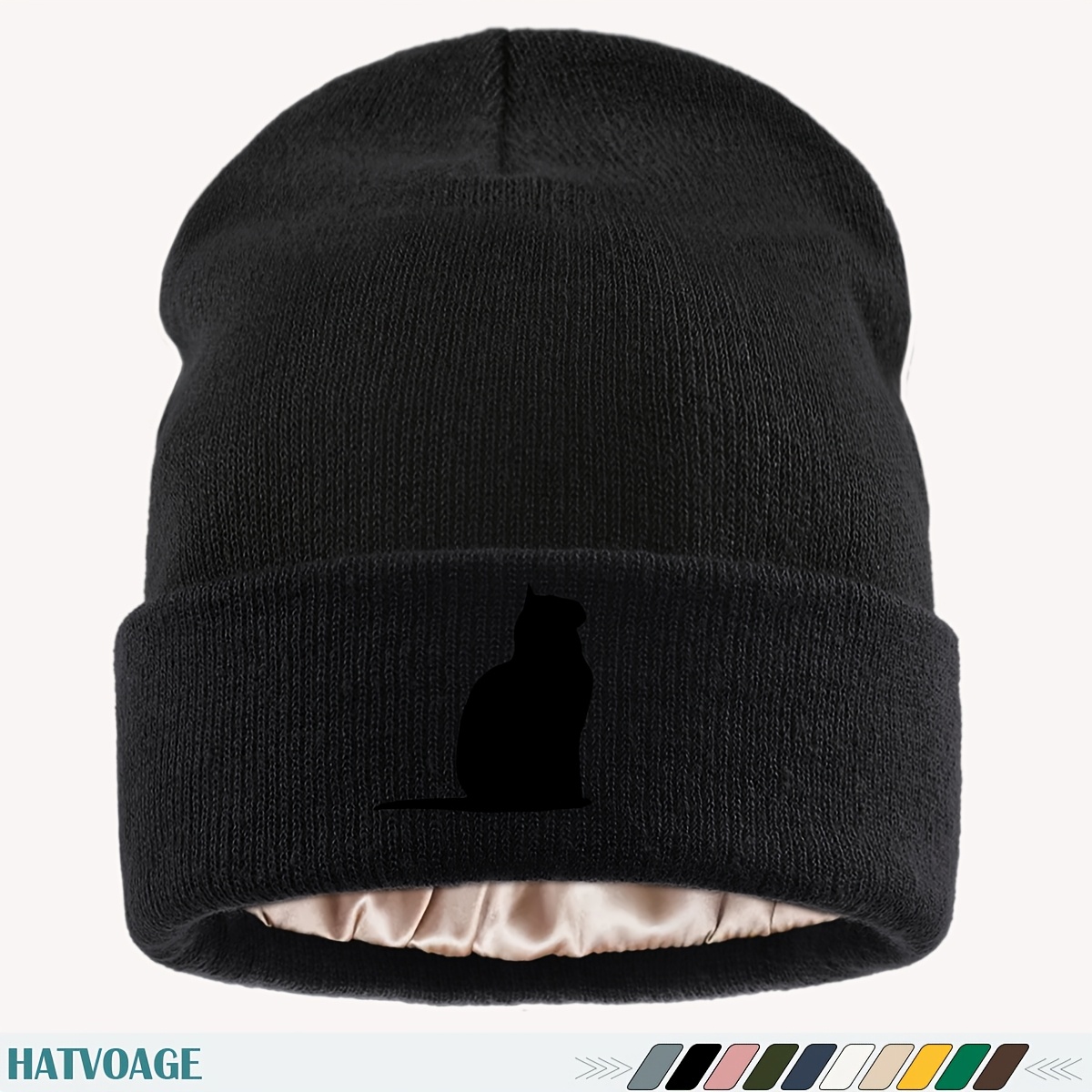 TEMU 1pc Fun Black Cat Print Lining Hat, Loose Comfortable Women's Cap Optional Unisex Couple Running Cap, Easy Versatile Beanie, Autumn Winter Warm
