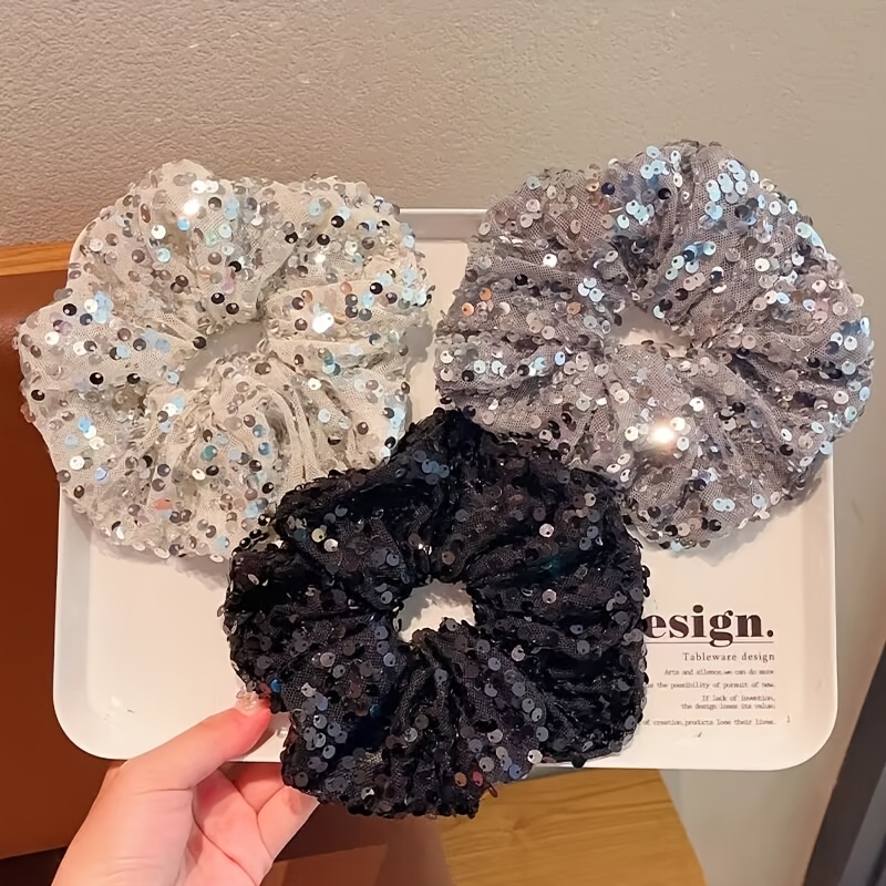 TEMU 3pcs New Sequin Large Ponytail Holder, Y2k Sweet & Edgy Style, Women's Hair Tie For Ponytails, Niche Fashion, Light Luxury Sequin Design Hair