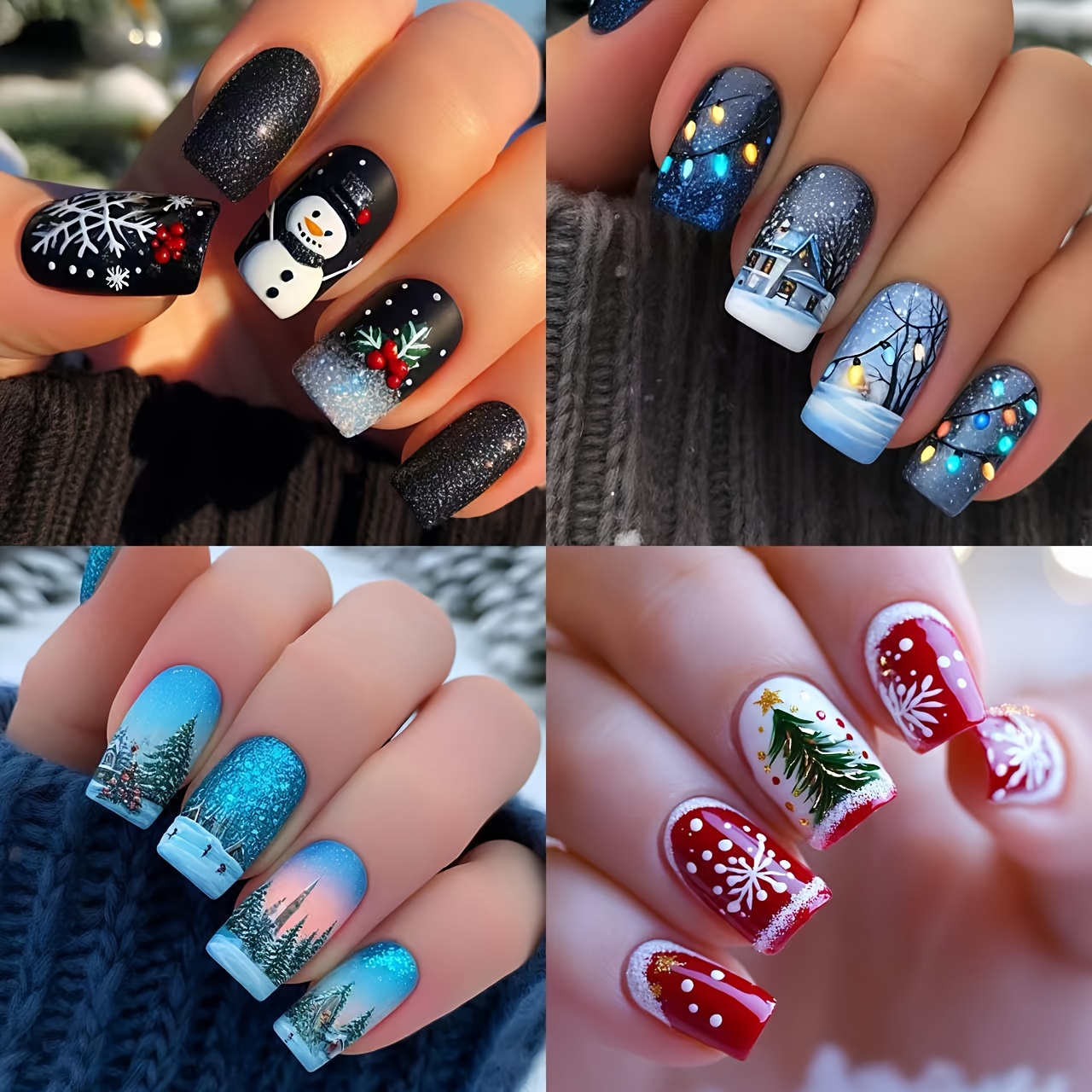 TEMU 96pcs Winter Short Square Snow Scene Series Nail Set, Christmas Tree, , Snowman, Winter Atmosphere Nails, Removable And Reusable, Perfect