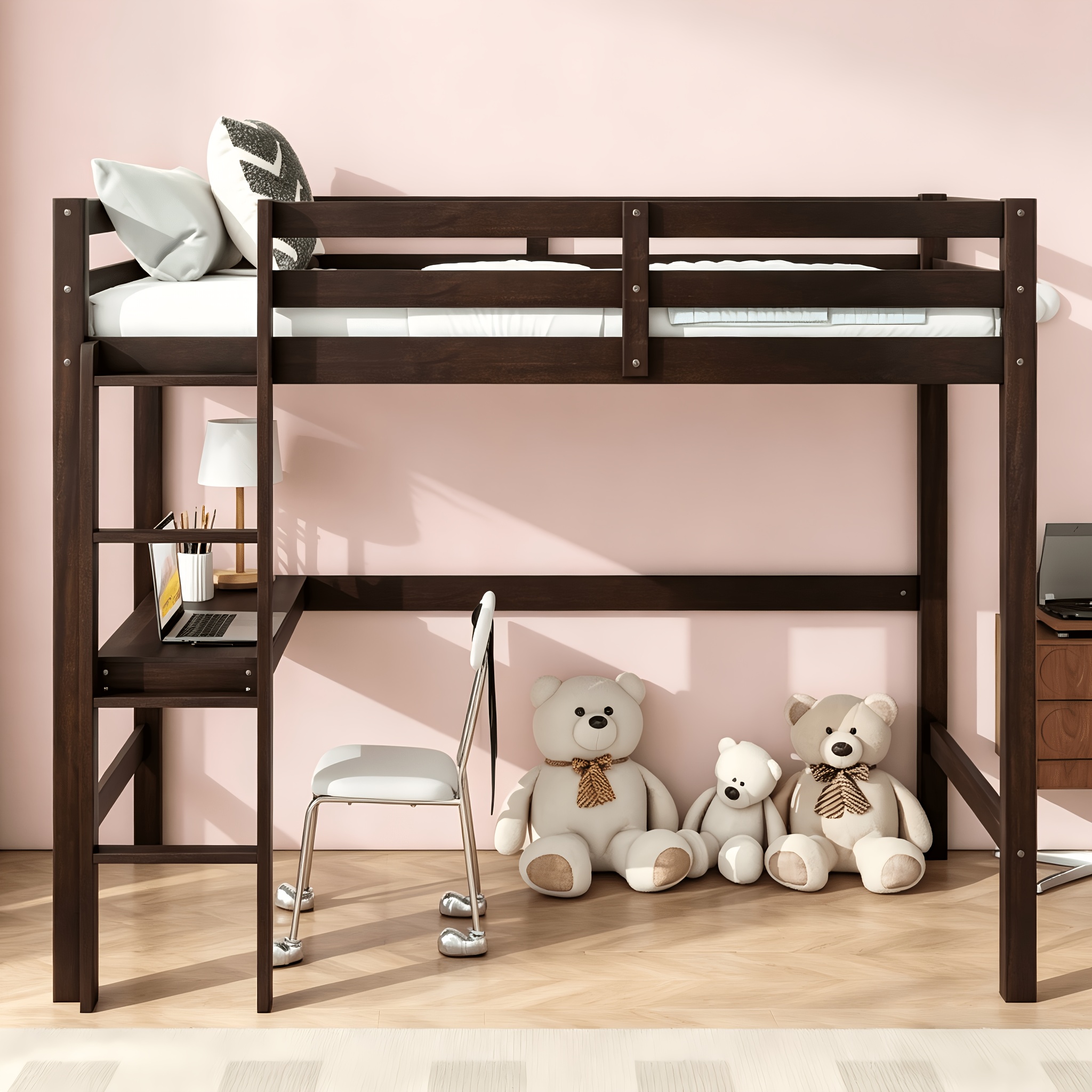BELLEMAVE Twin High Loft Bed, Rubber Wood Loft Bed with Safety Guardrail, Built-In Desk, Ladder, Espresso