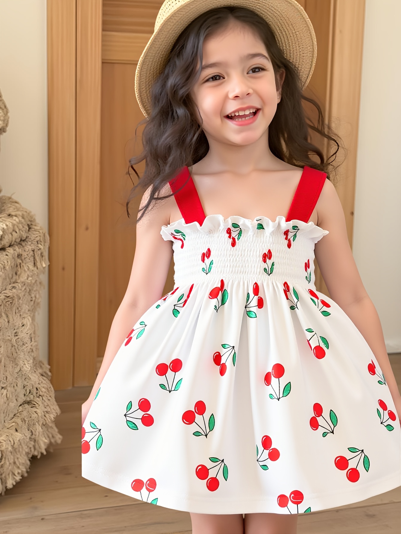 Baby 's Cherry Print Smock Dress Short Sleeve A-Line Summer Dress with  Elastic Waist Cherry Pattern, White Outfit for, Party