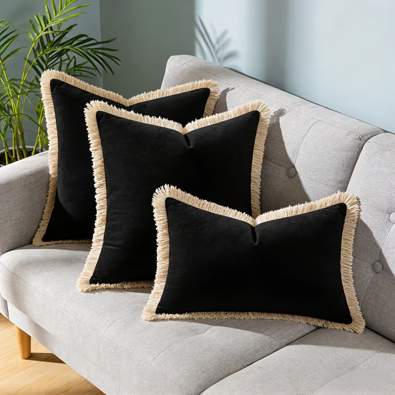 TEMU Juego de 3 fundas de almohada de terciopelo mate estilo vintage de tamaño con borlas hechas a y bordes , "Disponibles exclusivamente como fundas