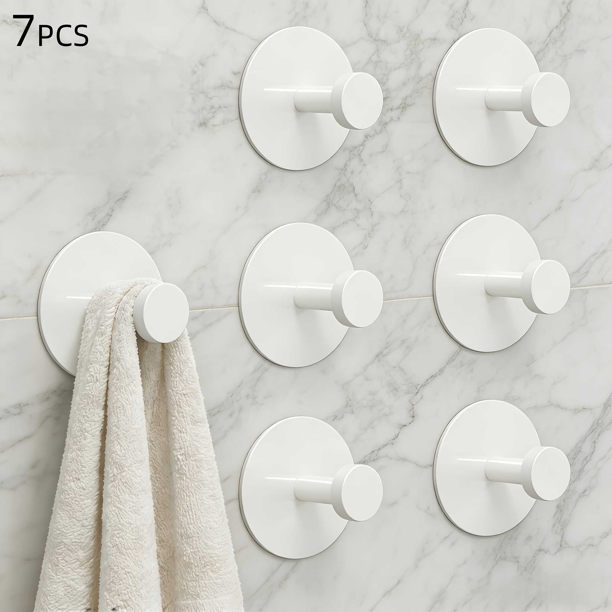 TEMU 7pcs Bathroom And Kitchen Wall-mounted Adhesive Hooks, White Stylish Bathroom Hooks, Self-adhesive, Wall-mounted, Suitable For Bathrooms,