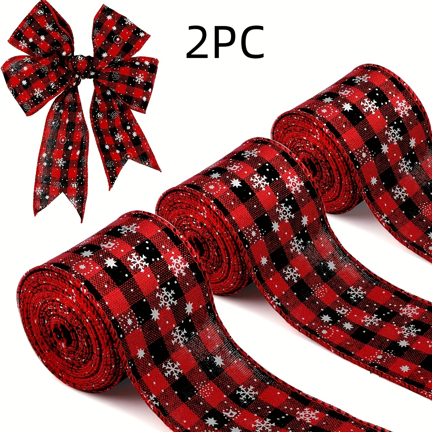 

Classic Christmas Plaid Ribbon With Snowflake Design, 2-pack Polyester Wired Edge Ribbons For Holiday Crafts & Gift Wrapping, 10 Yards X 2.5 Inch, No Feathers, Electricity-free Decoration