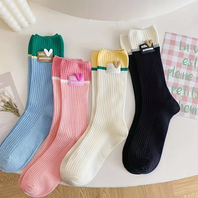 

4 Pairs Heart Label Decor Socks, Trendy & Comfy Colorblock Mid Tube Socks, Women's Stockings & Hosiery