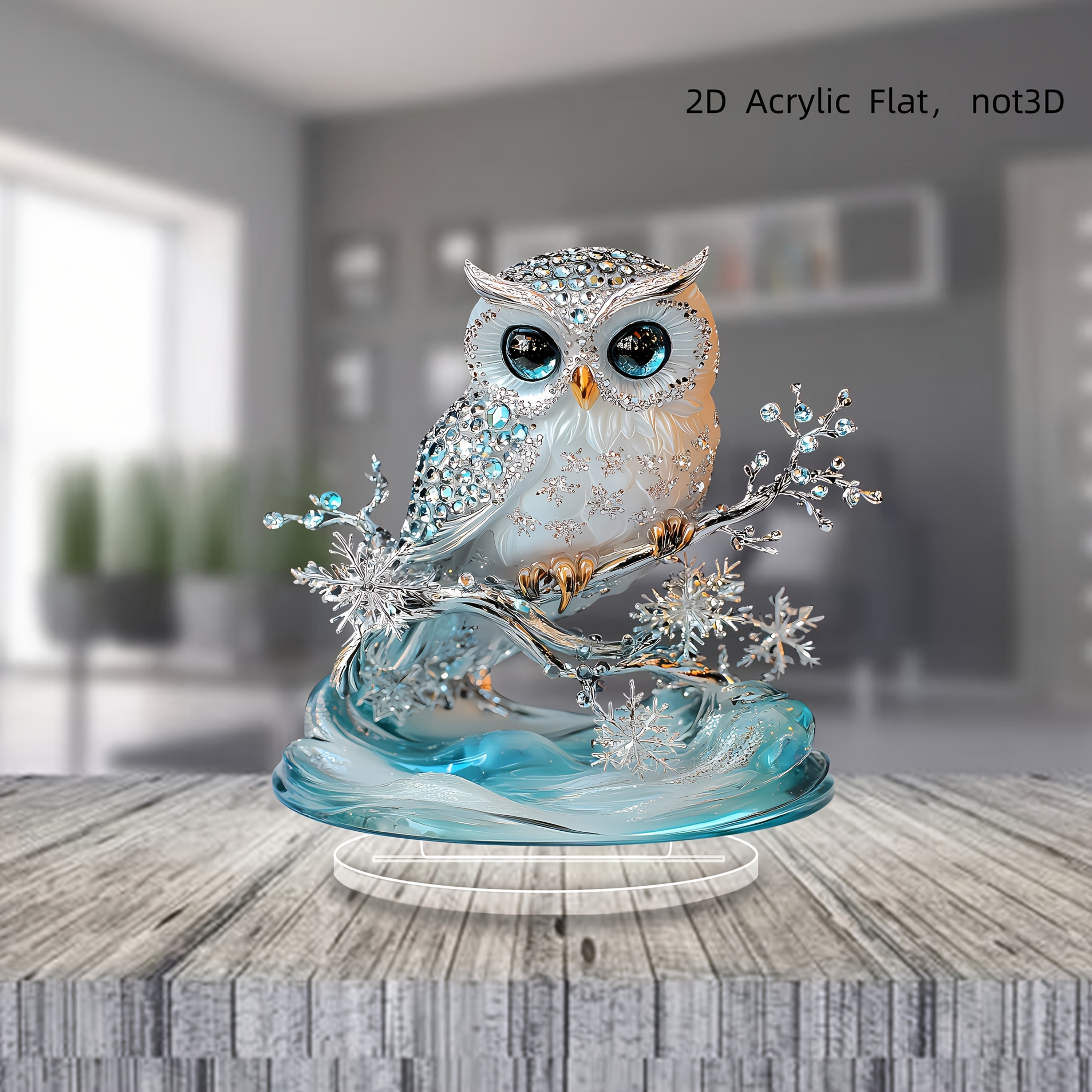 

2d Flat, Elegant Bohemian "x9" Crystal Owl Acrylic Table Decoration - Intricate Blue & Clear Gemstone Design, Home, Office, Display, Ideal Gift For Bedroom, Living Room, Aesthetic Room Decor