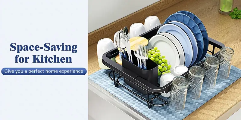 expandable dish rack with utensil holder adjustable over the sink or countertop design metal kitchen organizer for plates cups utensils holidays everyday use countertop dish rack sleek dish holder durable kitchenware Product details 1