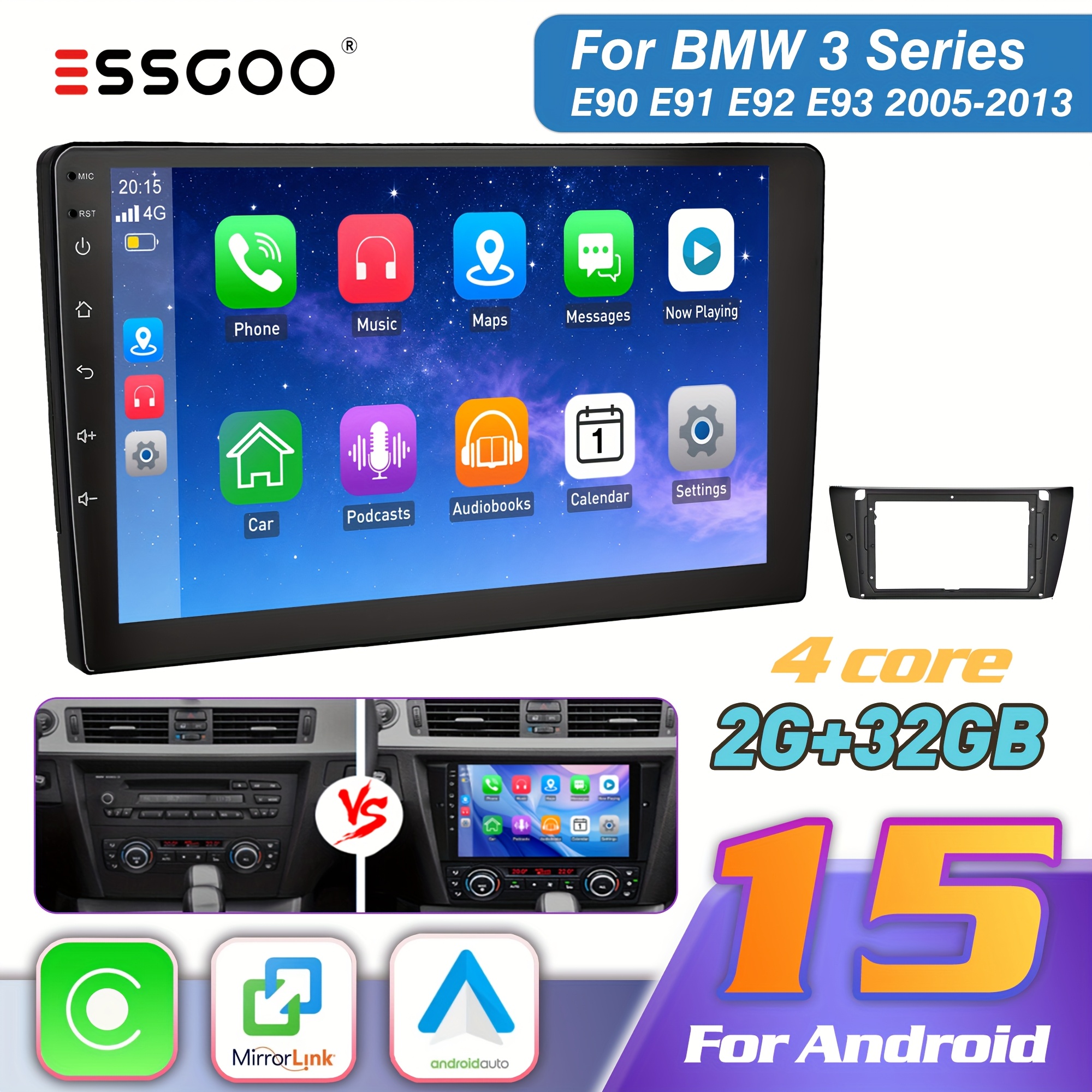 Essgoo 9-inch 15 Stereo For E90 E91 E92 E93 (2005-2013) | Large Screen Upgrade With Wireless Carplayer & Auto | 2gb+32gb, Ips Touchscreen, Steering Wheel Control